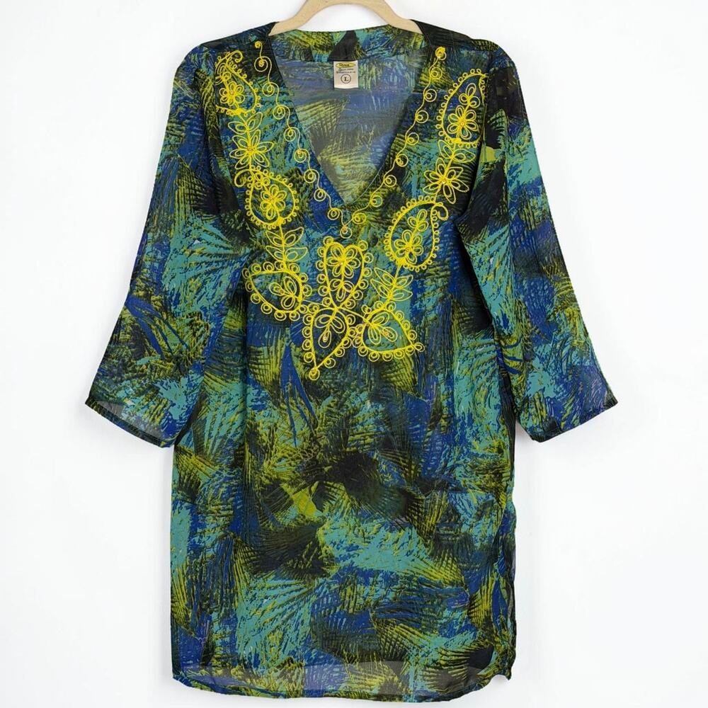 Rima Short Beach Kaftan Abstract Teal Palms Yellow Embroidered Cover Up Sheer L